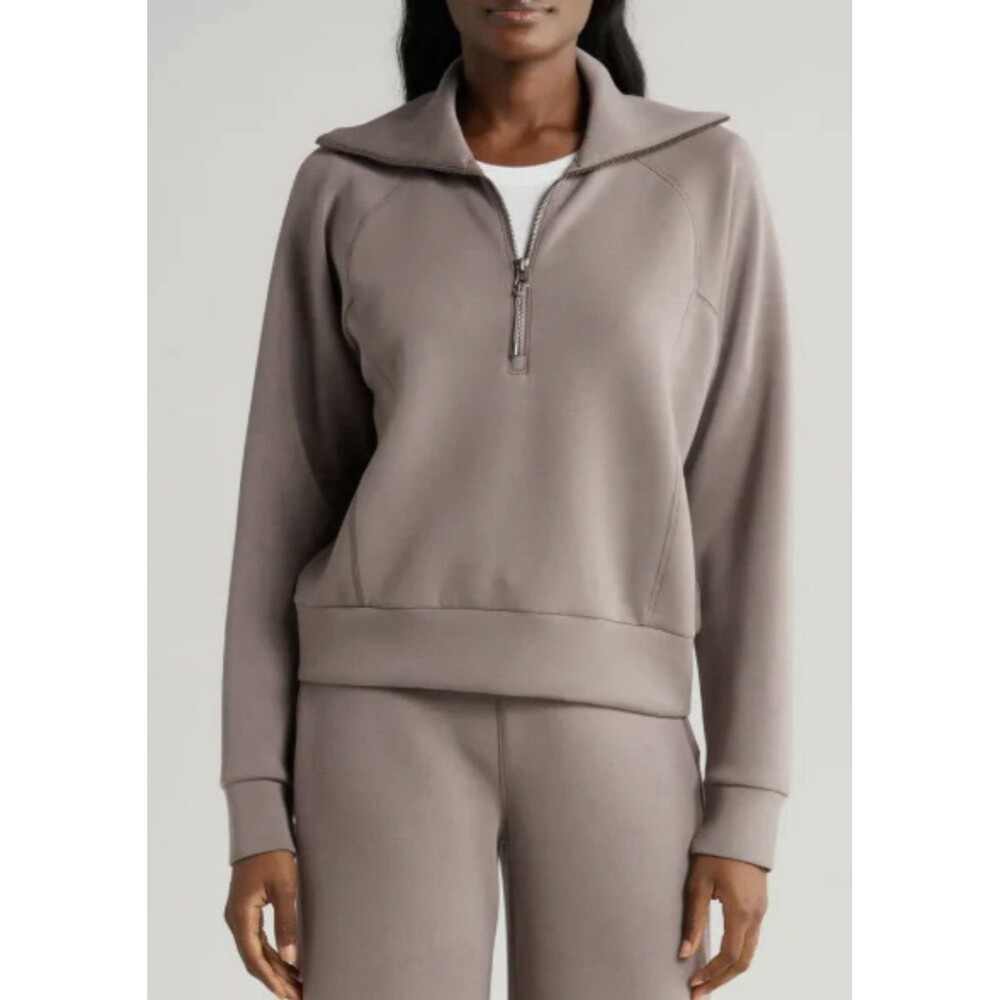 Spanx Air Essentials Pullover Smoke Brown Half Zip Lightweight Top Size Large